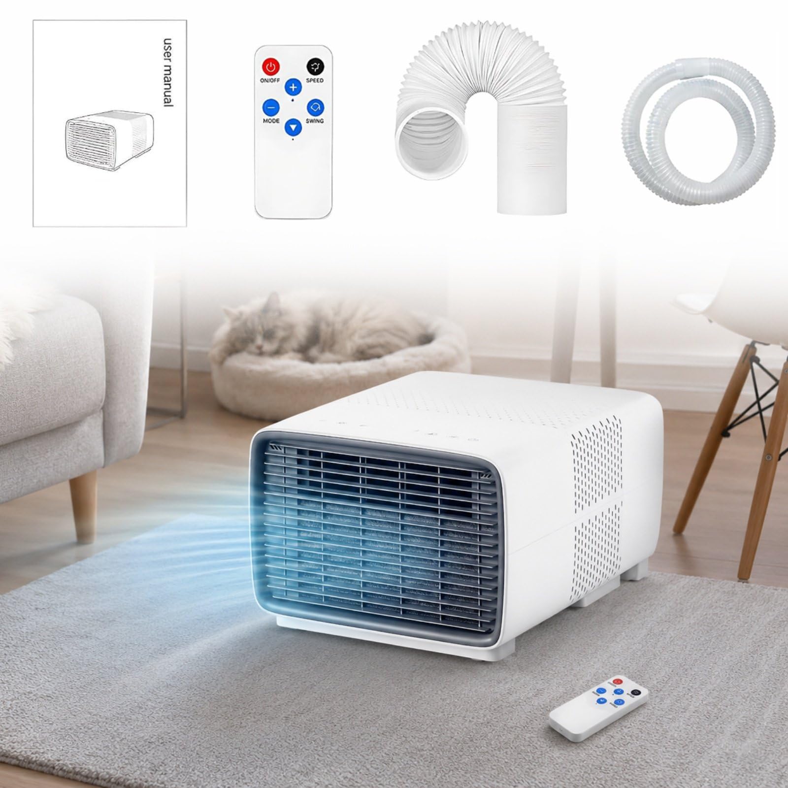 Mobile Klimaanlage mit Abluftschlauch, Kühlen Trocknen Ventilator, 280W Niedrige Eingangsleistung, 16-32°C, 45 dB, Fernbedienung und Digitalanzeige
