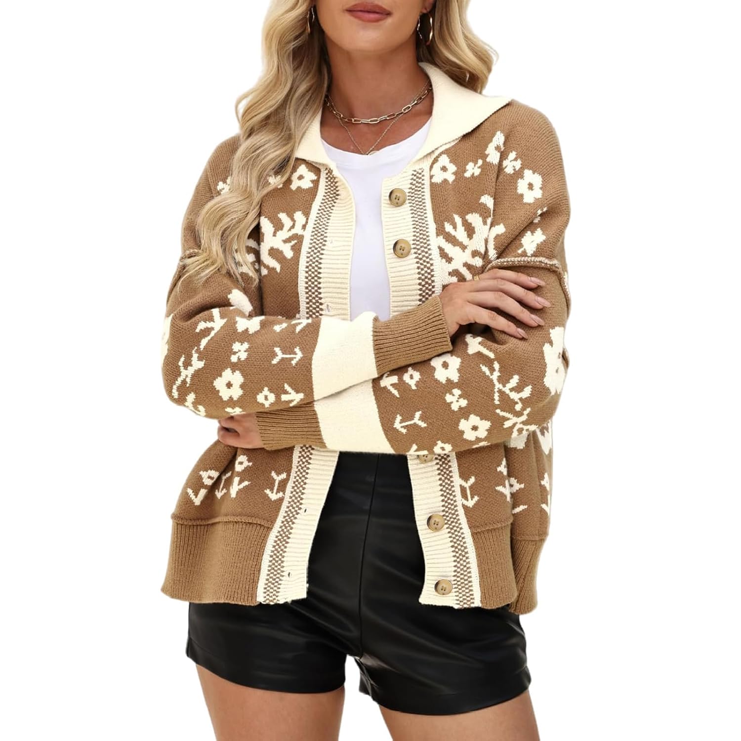 Floral Cardigan Sweaters for Women Cropped Button Up Long Sleeve Cardigans Color Block Trendy Fall Knit Sweater Tops