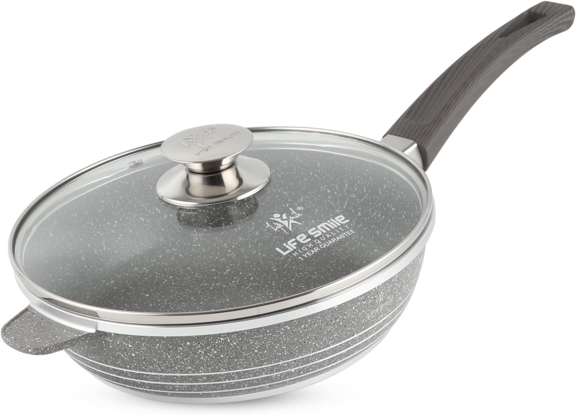 LIFE SMILE Deep Frying Pan With Lid - Multi Layer Granite Coating Fry Pan | Heat-Resistant Handle Hanging Loop | Microwave Safe (24 CM(2.4 Liters), Davy Grey)