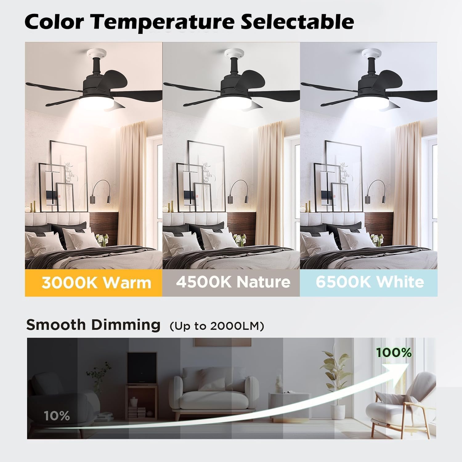 Ceiling Fans with Lights and Remote, 25 Inch Quiet Ceiling Fans with 5 Blades, LED Dimmable, 6 Speed Low Profile Ceiling Fan with Light for Bedroom, Garage, Kitchen, Living Room, Indoor (Black)