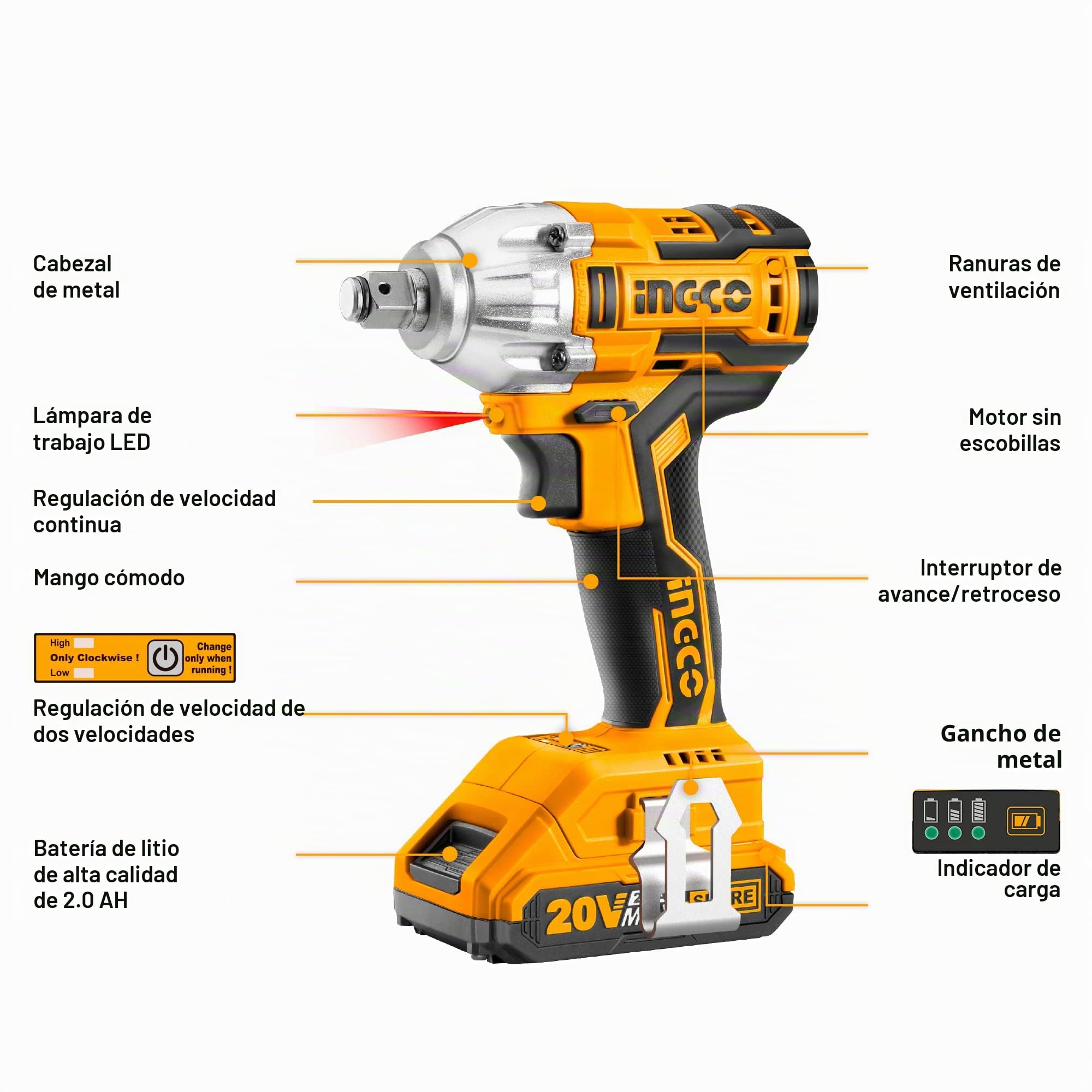 Llave de impacto sin escobillas, 20V INGCO 300NM 1/2 pulgada Pistola Impacto Bateria, Inalámbrica con 2pcs Batería de 2.0 Ah