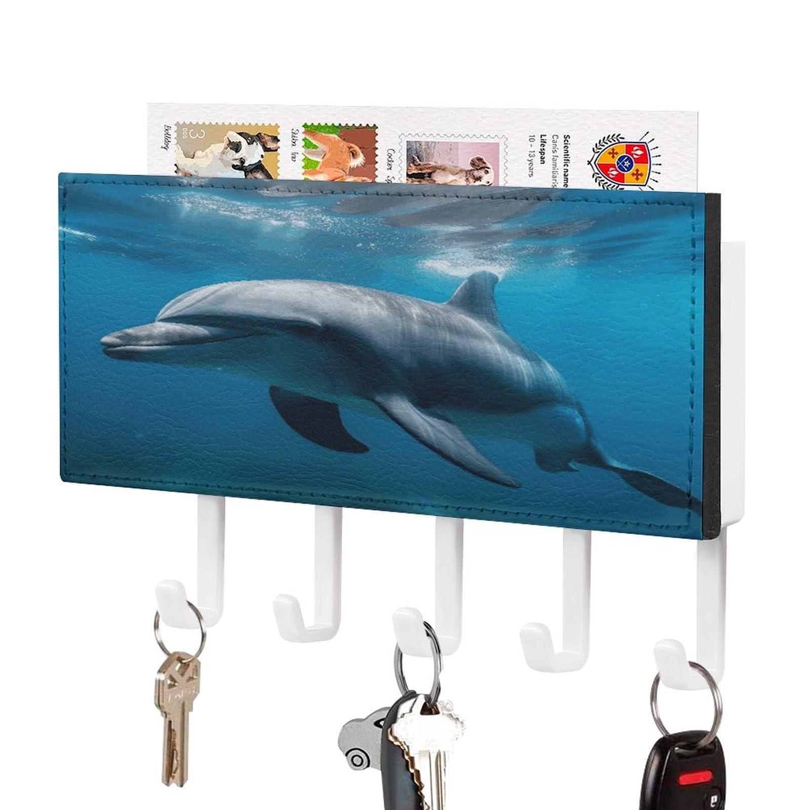 FekiLoot Dolphins in The Ocean1 Key Holder for Wall Decorative Mail Organizer with 5 Key Hook Self Adhesive Key Rack with Tray Coat Rack Wall Mount Key Hanger Decor for Entryway Door