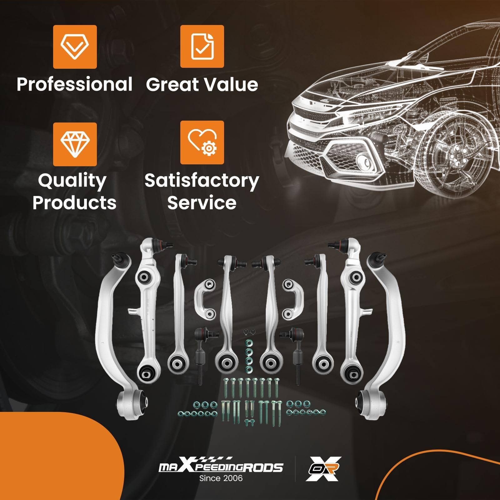maXpeedingrods 12 x zestaw wahaczy przednich, górnych, dolnych, lewych i prawych do Audi A4 8d2 8D5 B5, A6 4B2, 4B4, do VW Passat 3B2 3B3 3B5 3B6 4B0419811B, 4D0407644A, 4F0419811D