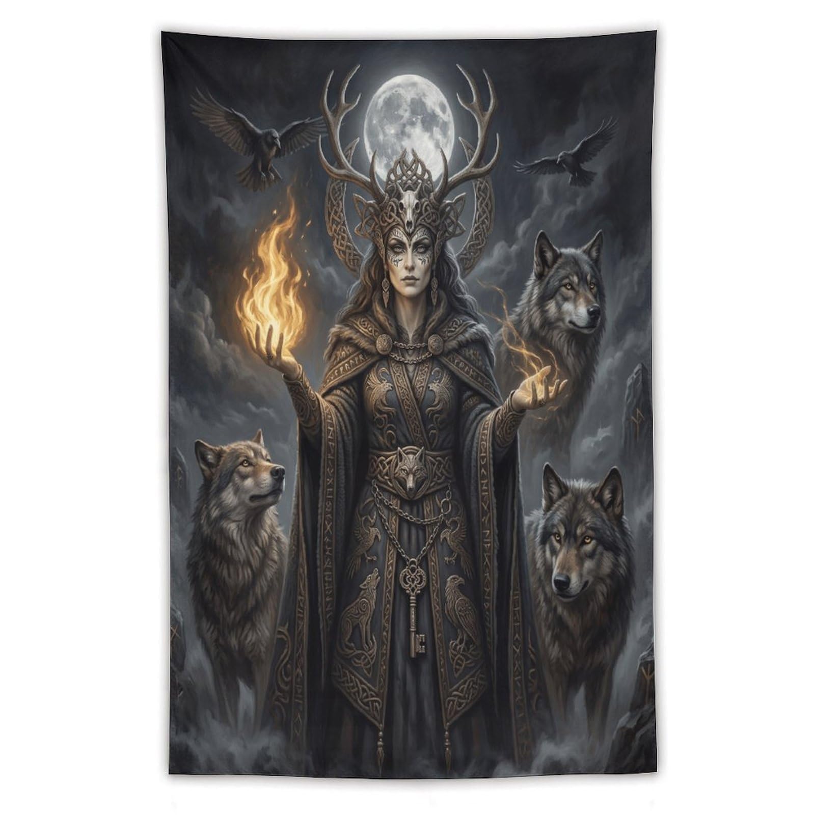 W7C8U2X3 Wolf Goddess Moonlit Wall Tapestry, Realistic Illustration