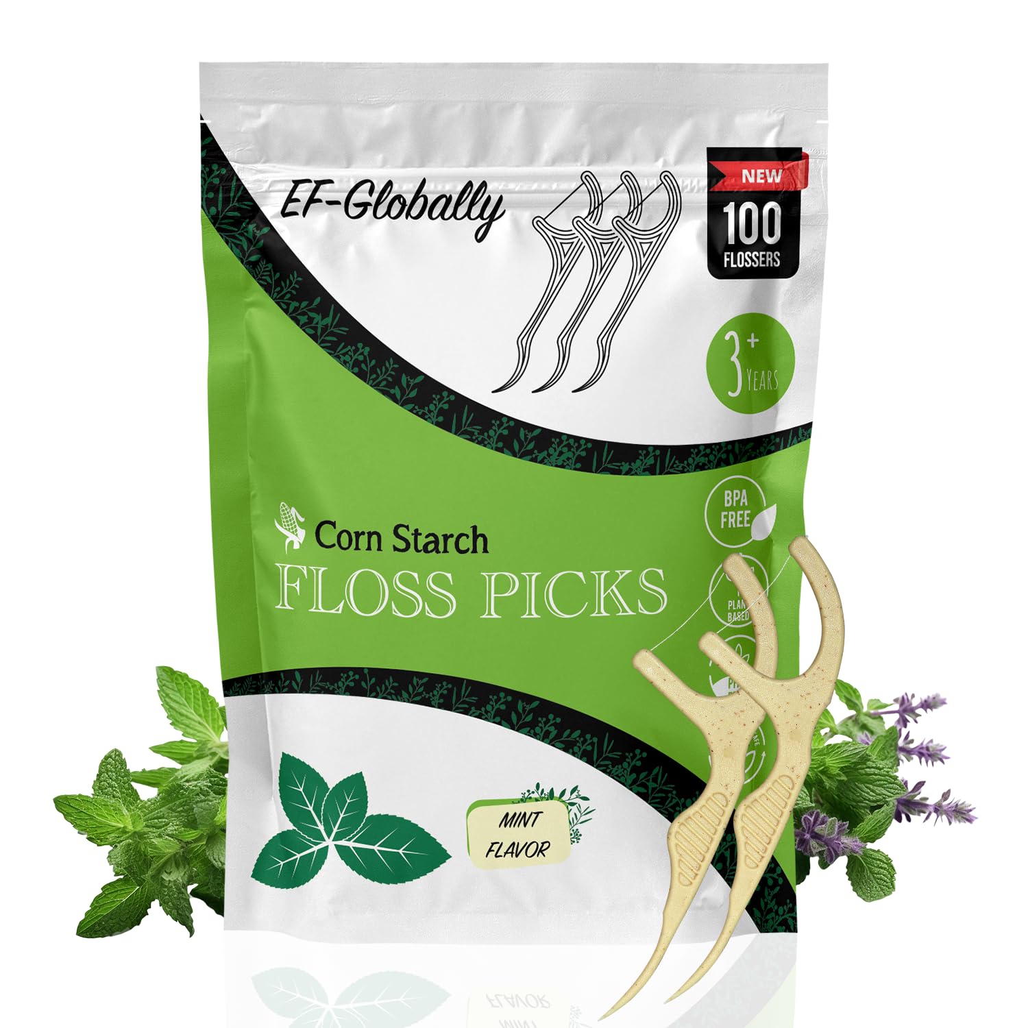 Dental Floss Picks, Plant-Based and Eco-Friendly, No Break and No Shred Floss, 100 Count, Mint
