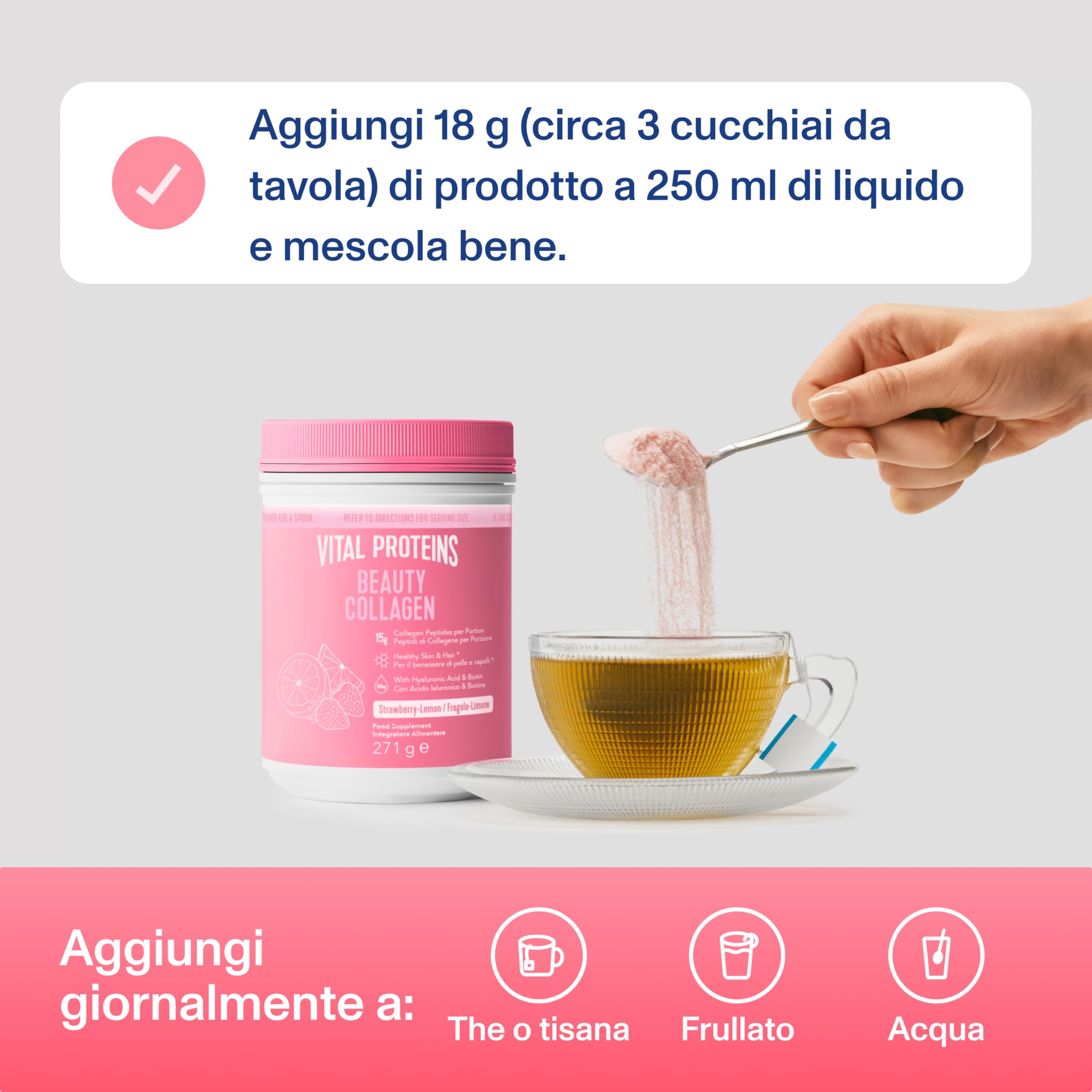 Vital Proteins Beauty Collagen con Acido Ialuronico e Biotina, integratore collagene idrolizzato in polvere, fragola limone,per pelle, capelli e unghie, 15g di peptidi di collagene per porzione, 271g