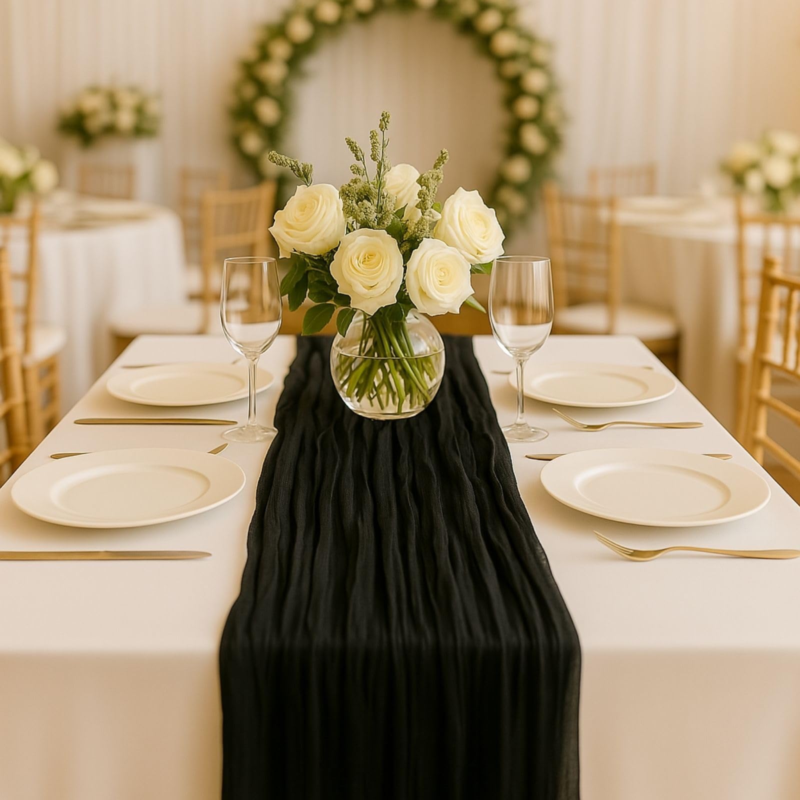 Photo 1 of 10FT Black Cheesecloth Table Runner 120 Inch Rustic Boho Gauze Cheese Cloth Table Runner for Wedding Baby Shower Bridal Shower Birthday Party Home Decorations