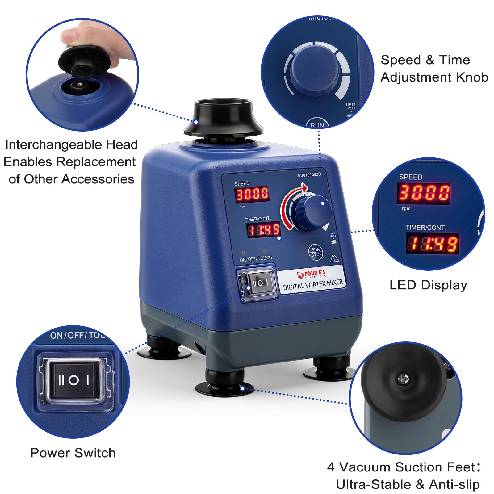 4E's USA LED Vortex Mixer Verschiedene Geschwindigkeit 400-3000rpm, Labor Vortexer mit Touch, Timer und Kontinuierlichen Modi für Tuben, Nagellack und Acrylfarben Tinte