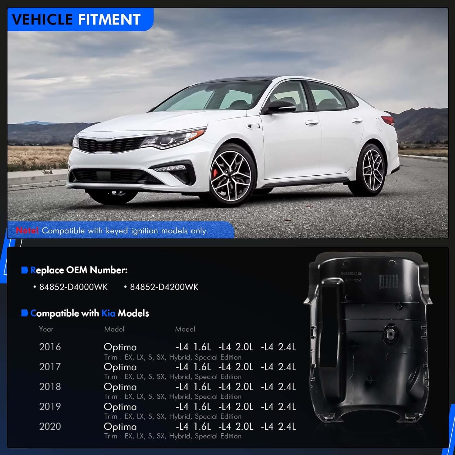 84852-D4000WK Steering Column Lower Ignition Shroud with Key Start Hole Fit for Kia Optima 2016-2020, Lower Clmn Cover Bezel Replace# 84852D4000WK, 84852-D4200WK, Black