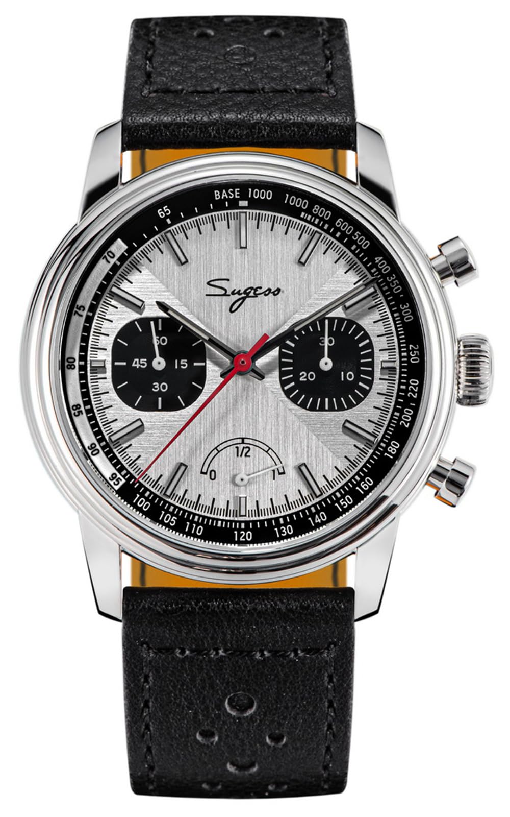 SUGESS Seagull ST1906 Panda 41 mm Ice-White Power Indicator Chronograph schwarzes Leder 1963 BNIB, weiß, Klassisch
