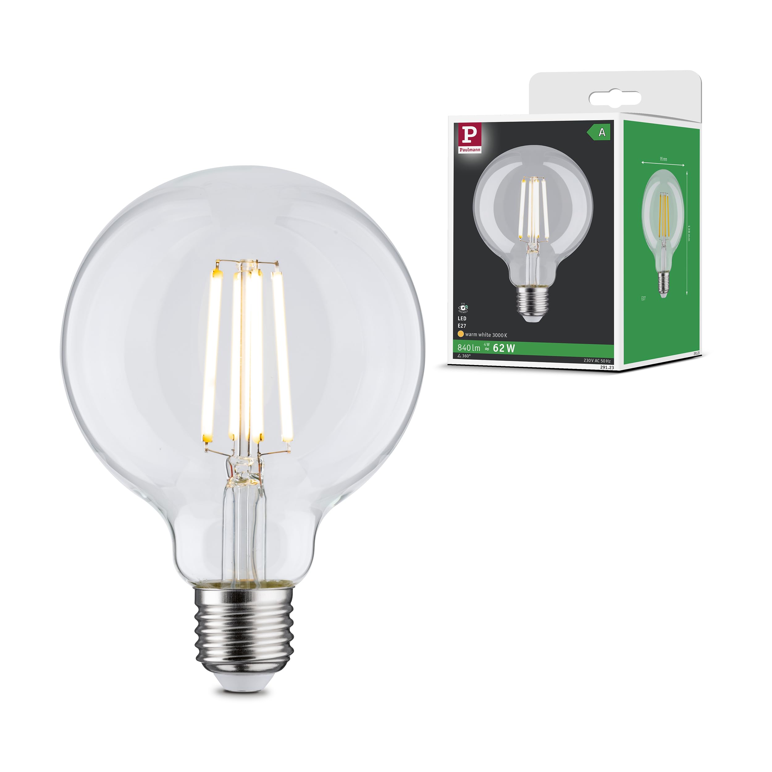 Paulmann 29123 Eco Line Filament 230V LED Globe G95 E27 840lm 4W 3000K Clear lamp