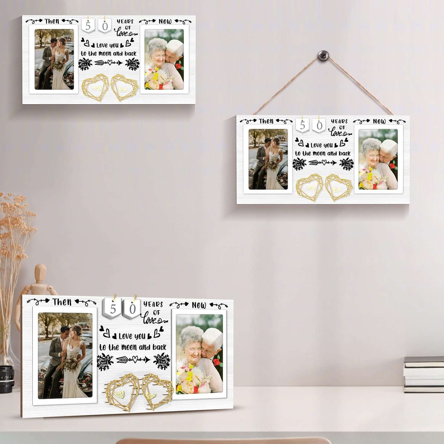 Then & Now Anniversary Picture Frame for Couple - 1-99 Years Wedding Picture Frame,Engagement Bridal Shower Gifts for Couples Wooden Photo Frame Holds Two 4x6 Photos-White