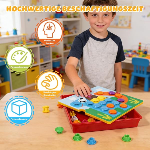 Mosaik Steckspiel für Kinder ab 2 Jahre, Lernspielzeug Steckmosaik mit 24 Farbigen Vorlagen & 46 Steckern, Feinmotorik Spielzeug Pädagogisches Spiel für Jungen & Mädchen, Geschenk für Kleinkinder - 5