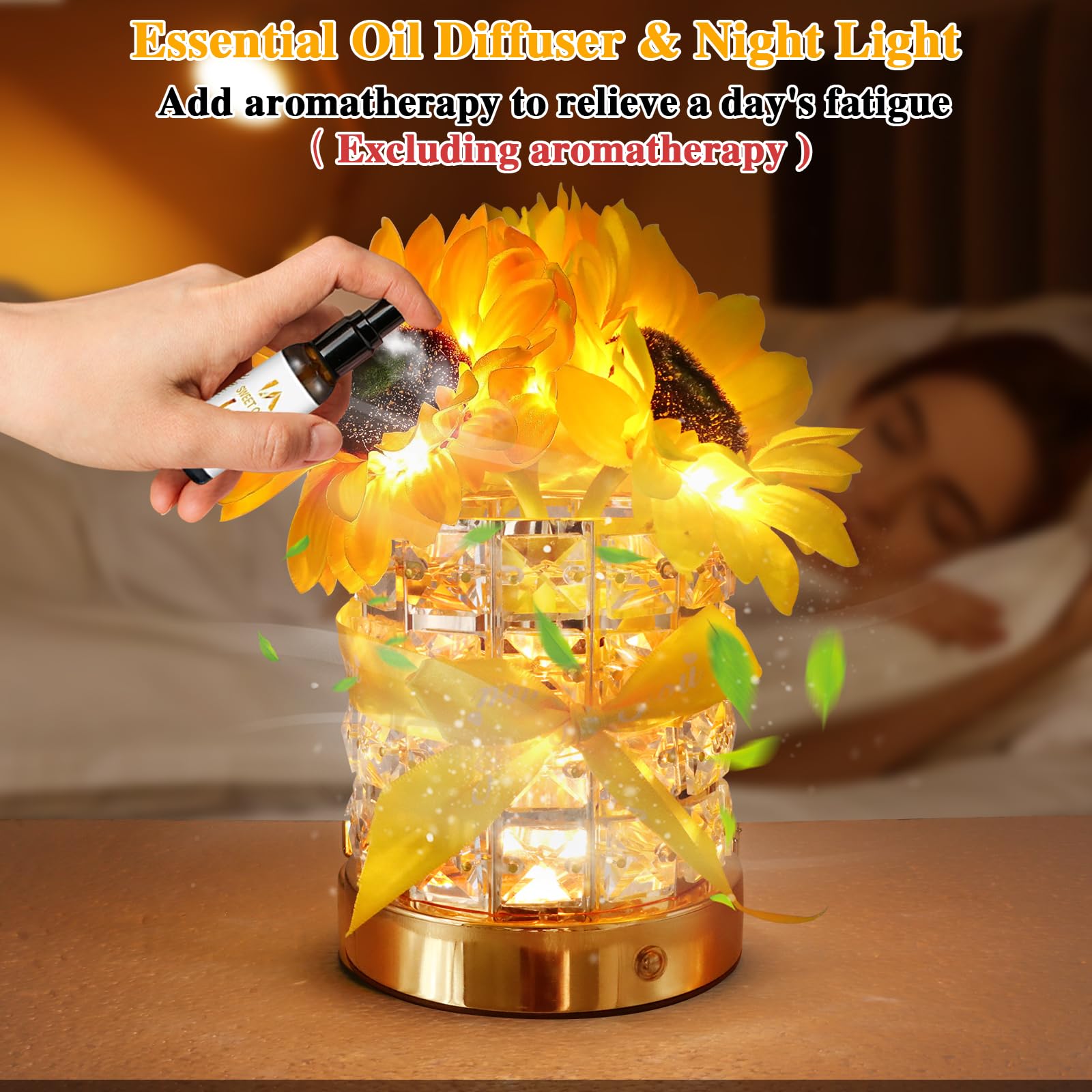 Prezent urodzinowy dla kobiet/mamy, kryształowe lampy kwiatowe, 3 kolorowe lampki nocne, bezstopniowe ściemnianie, ładowanie USB, mała lampka nocna, lampa stołowa do sypialni, salonu (okrągła