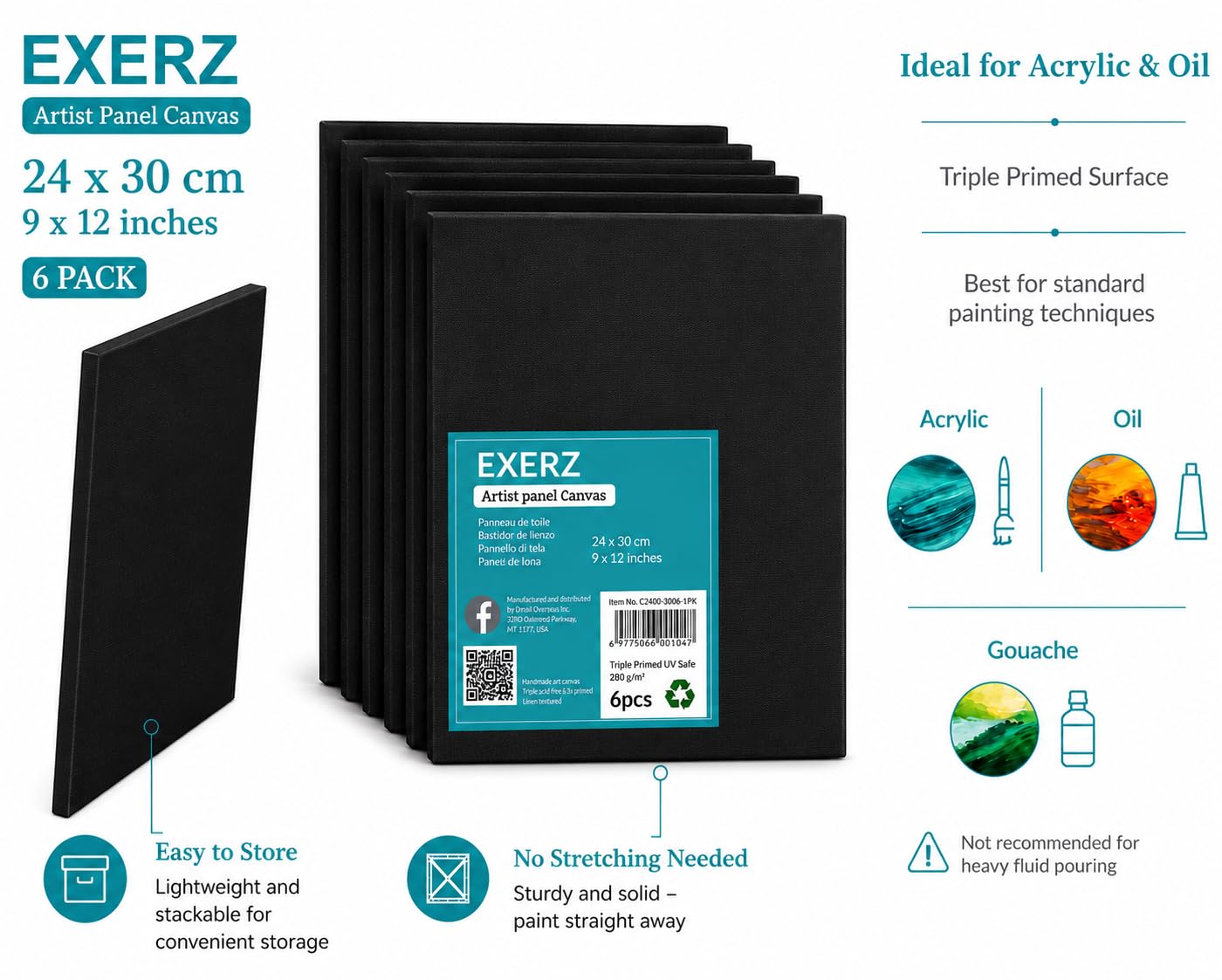 EXERZ 24x30cm Paneles de Lienzo Negro 6 piezas - 0,3 cm de Espesor/ 280GSM / Lienzos 100% Algodón/Triple Preparado/Libre de Acido/Hebra Media - acrílicos & óleo
