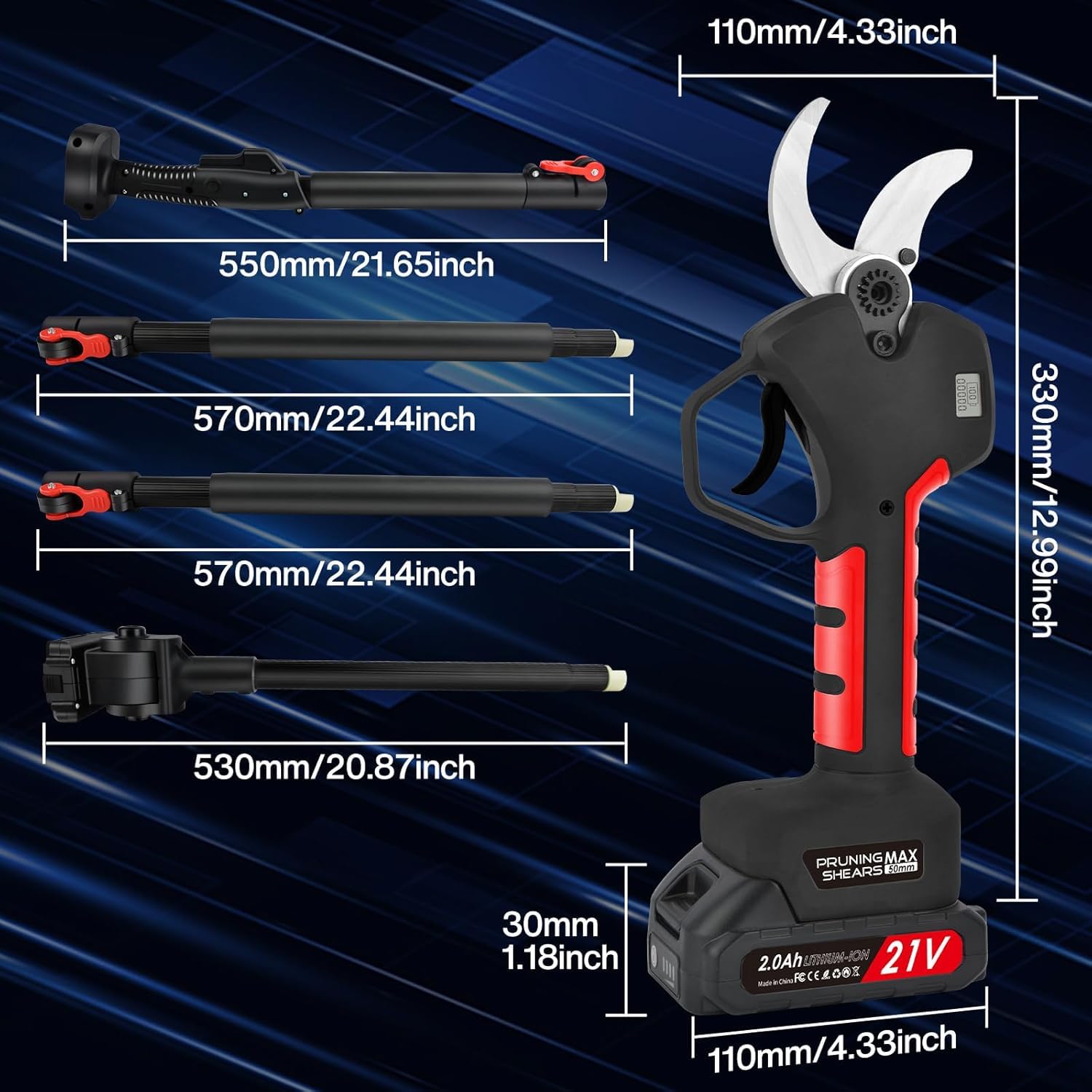 50mm Secateur Electrique Sans Fil Secateur Telescopique Electrique: Sécateur Électrique avec 2 x 2000mAh Batterie Élagueuse, Diamètre De Coupe et Secateur de Jardin pour Hedge, Arbre, Fruits