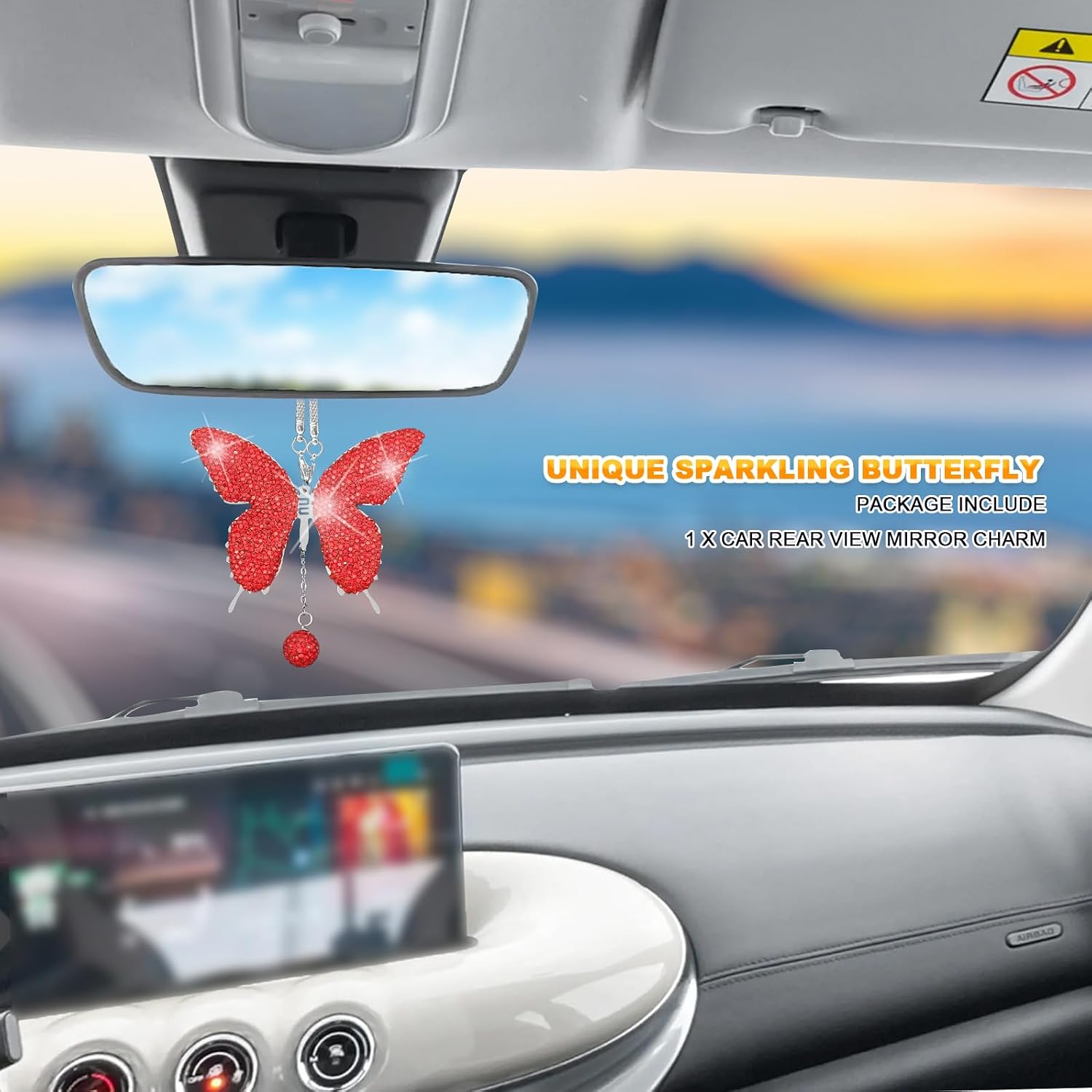 Bling Butterfly Diamond Car Hanging Accessories, Crystal Auto Rear View Mirror Charms, Charms Good Luck Gifts Amulet Ornament Hanging Interio Car Decoration for Women Interior(Red) image 5