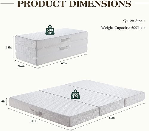 Miniatura 2 de Colchón Queen de espuma viscoelástica de tres pliegues de 6 pulgadas, cama plegable portátil con funda extraíble lavable, colchón de piso para