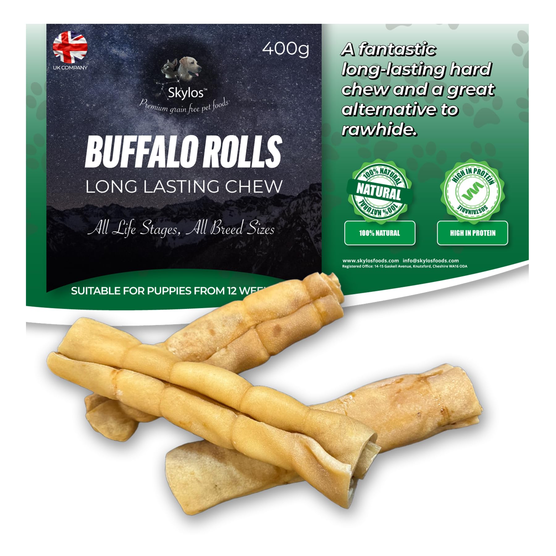 Skylos Buffalo Rolls for Dogs, 100% Buffalo Skin, All Breeds, All Life Stages, 400g/Roll,(Pack of 4 Rolls)