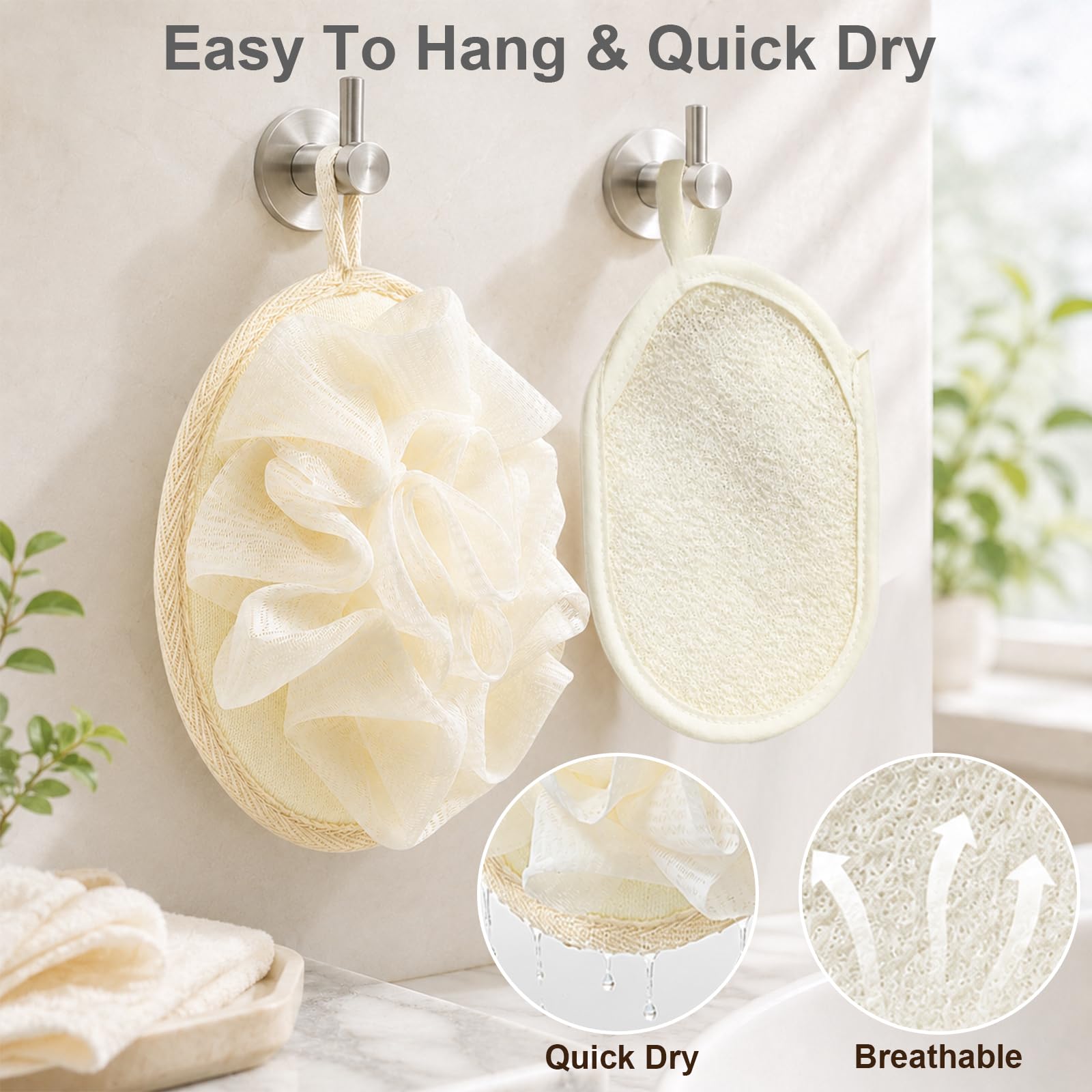 3 Pezzi Spugna Luffa Set Doppia Funzione Sacchetto Sapone con Cordino Morbido Guanto Esfoliante Corpo per Bagno e Doccia Resistente Spugna Doccia per Donne e Uomini (Beige)