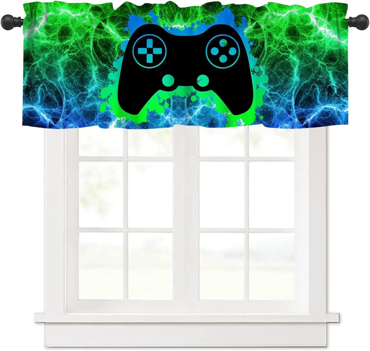 Game Boys Window Valance, Abstract Graffiti Green Blue Line Point Geometric Cool Colorful Game Controller Print Blackout Short Window Treatment for Boys Bedroom Bathroom, 54x18inch