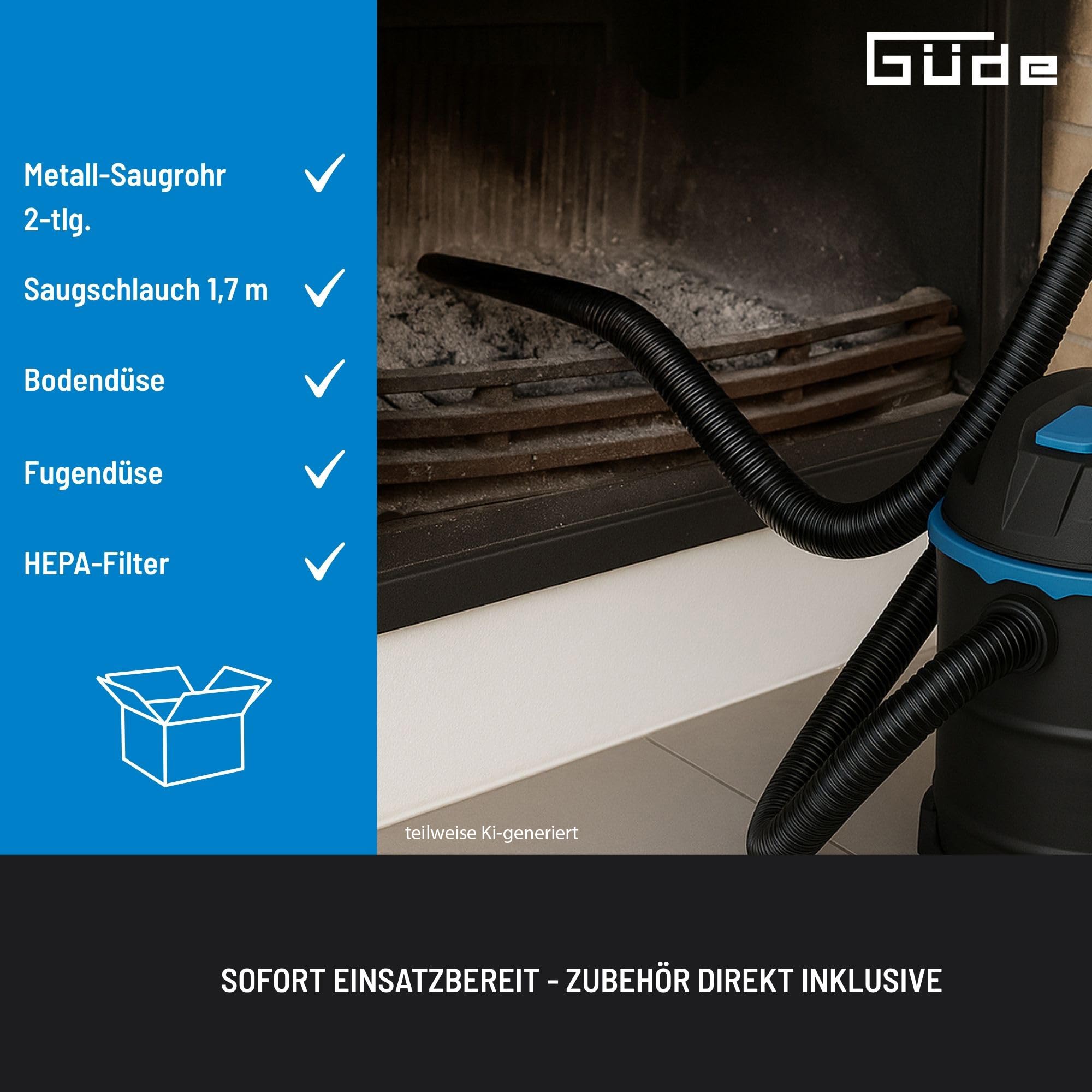 Güde Aschesauger GA 20-1200 2 in 1-1200 Watt, 20 Liter Stahlbehälter