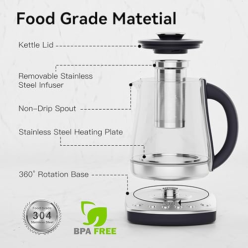 Miniatura 3 de Hervidor eléctrico con infusor, hervidor de té eléctrico de 1.5 litros con control de temperatura, calentamiento rápido de 1200 W para verter sobre