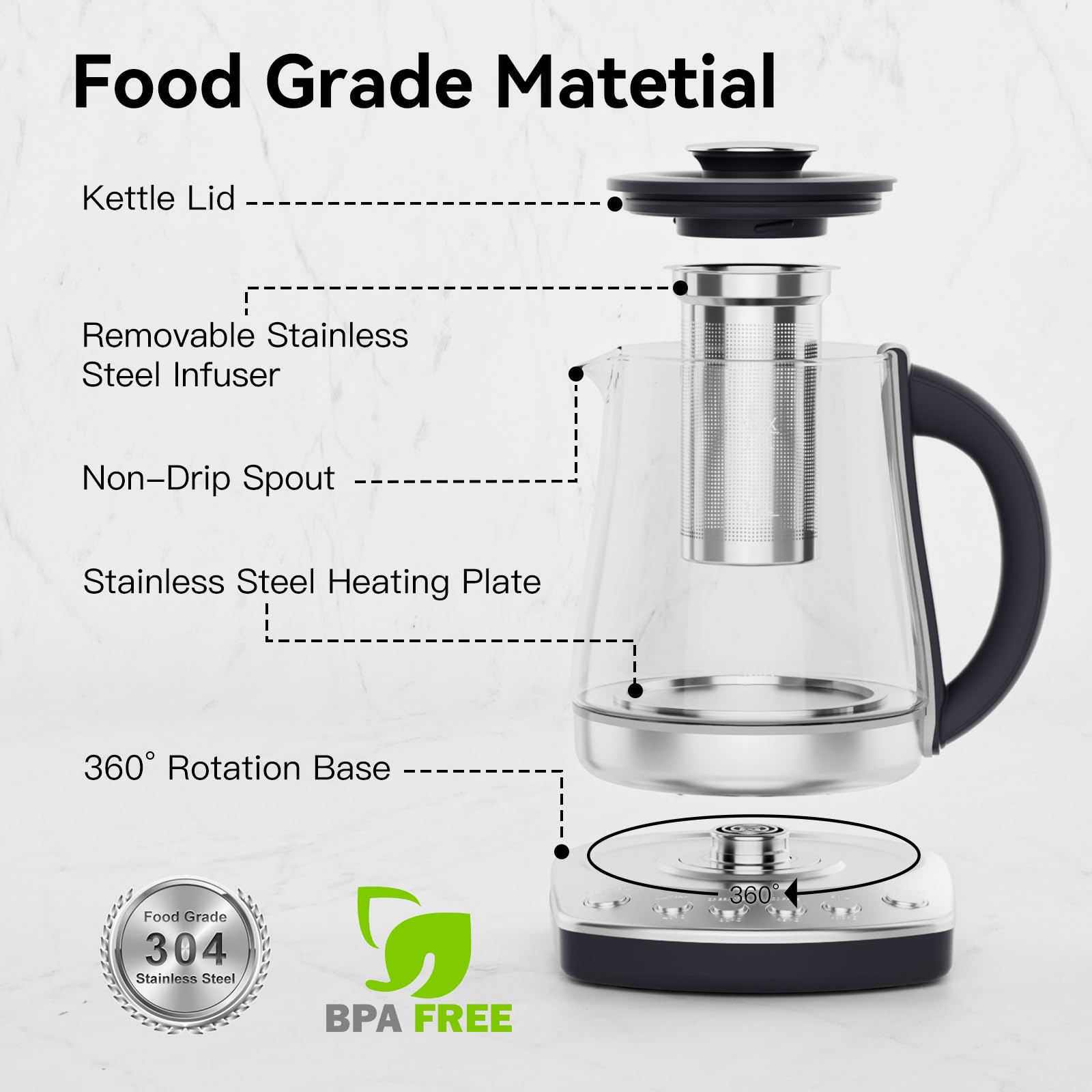 Bollitore elettrico con infusore 1,5 l, 1200 W, con controllo della temperatura, riscaldamento rapido per caffè, tè e acqua calda, senza BPA, facile da pulire, caffettiera elettrica