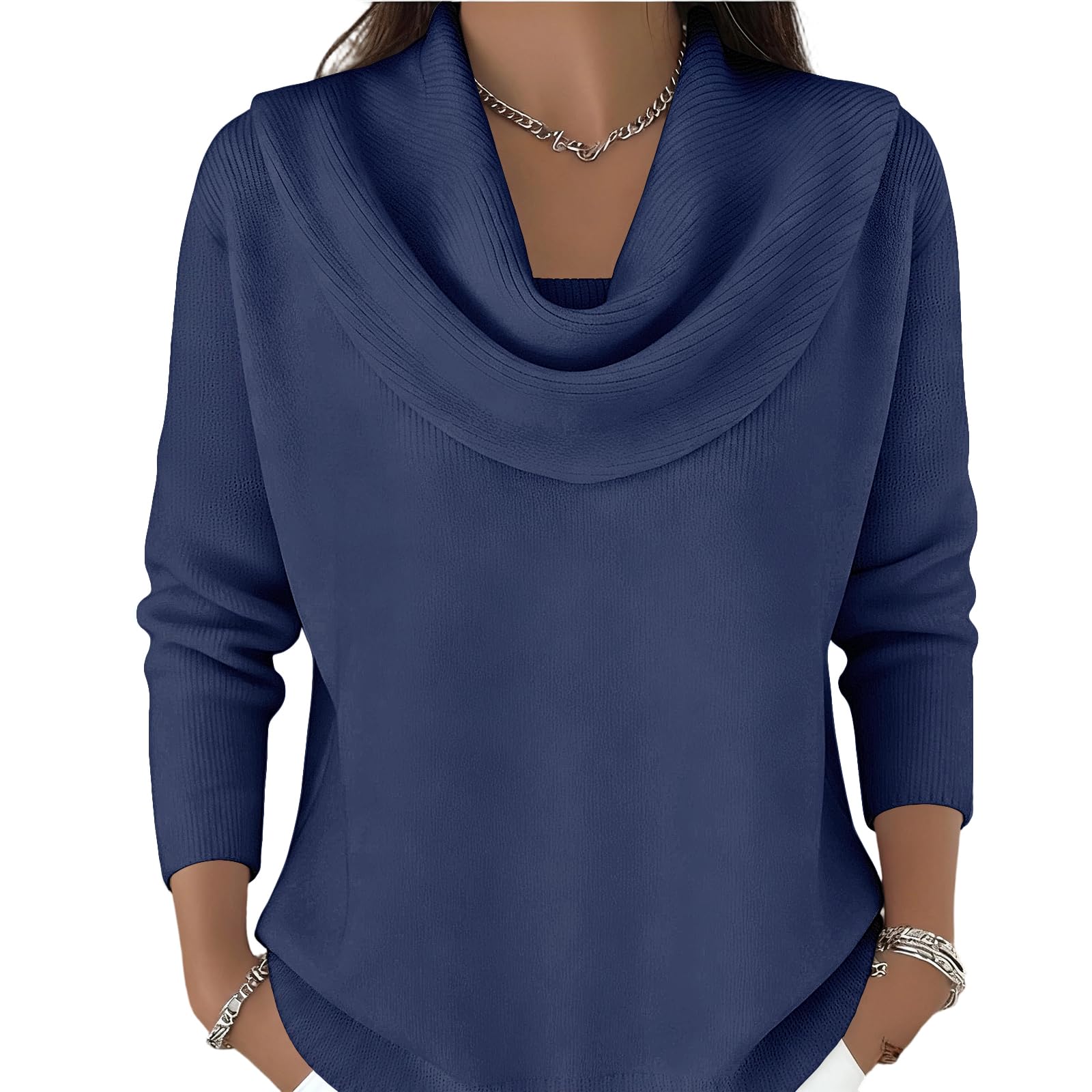 Womens Cowl Neck Sweater Long Sleeve Loose Knit Pullover Casual Soft Basic Top for Spring Fall