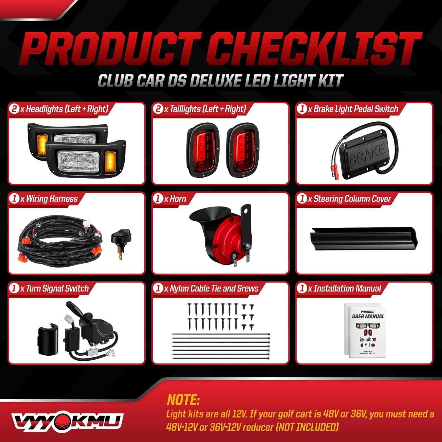 Deluxe Club Car DS 12V LED Headlight Tail Light Kit, Club Car Headlight Taillight Kit for 1993-UP DS Gas&Electric, Golf Cart Street Legal light Kit with Turn Signal Kit Horn Brake Pad Wire Harness