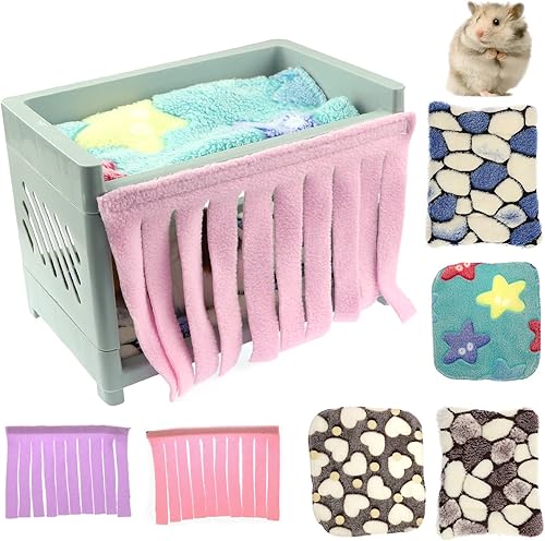 Miniatura 5 de Knchy Escondite de hámster con 2 tapetes de felpa para dormir, 2 mantas y 2 cortinas, cama transpirable para animales pequeños para jugar a dormir y