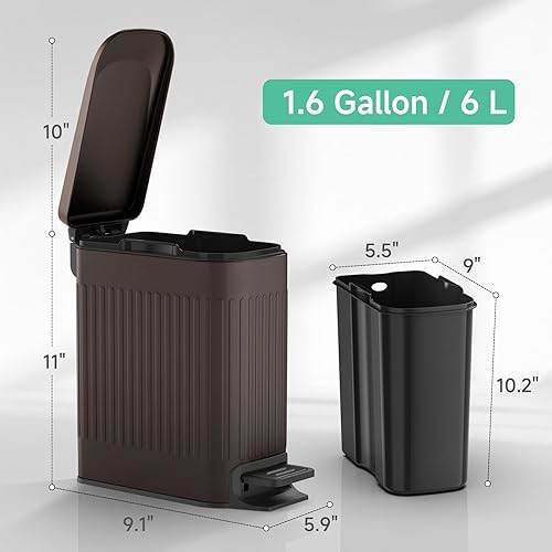 Miniatura 16 de TIPGO Cubo de basura delgado para baño con tapa de cierre suave, pedal escalonado, cubo de basura de acero inoxidable de 6 litros/1.6 galones, cubos