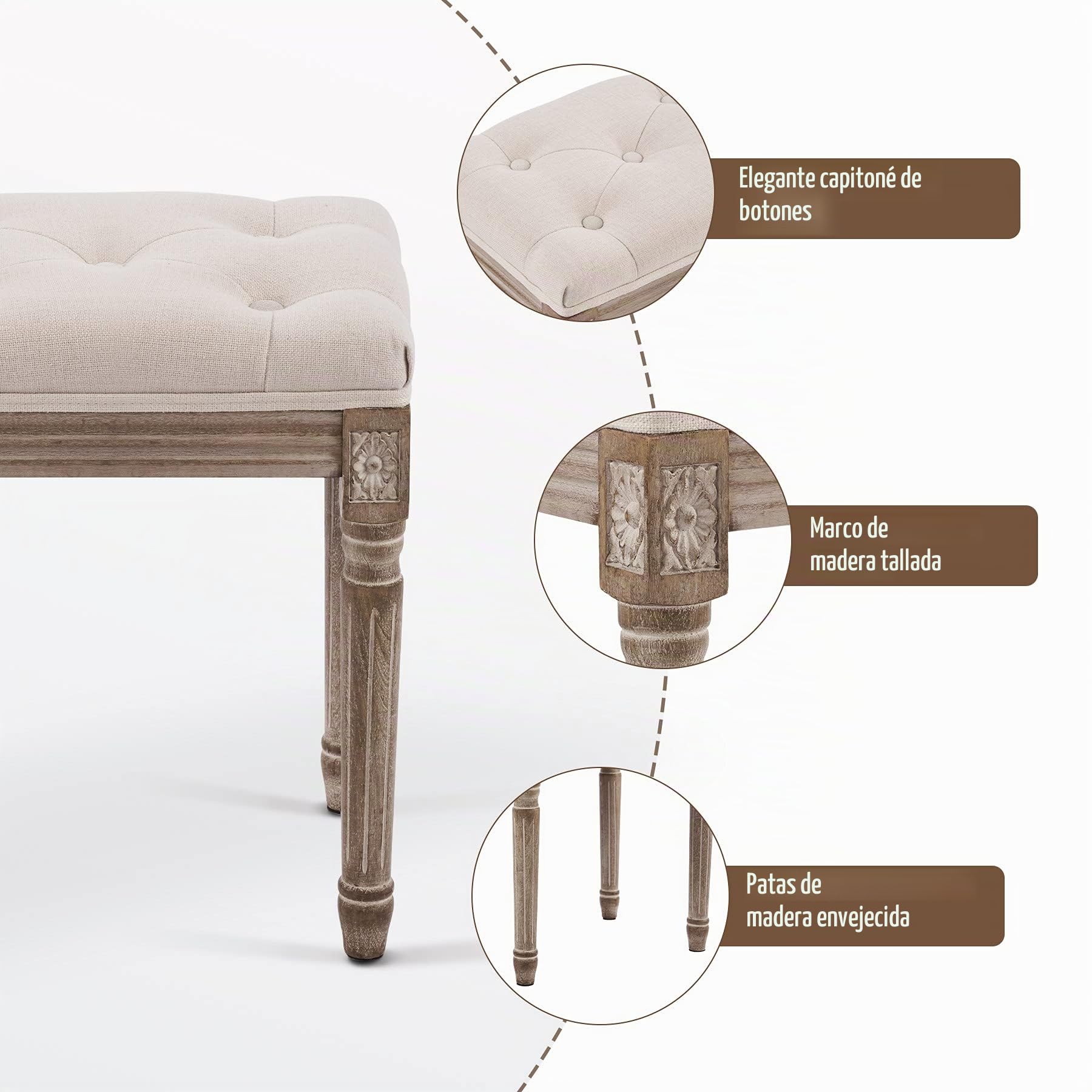 VONLUCE Taburete de Estilo Vintage con Patas de Madera - Taburete de Piano y Entrada para Dormitorio o Sala de Estar - 30x40x47cm