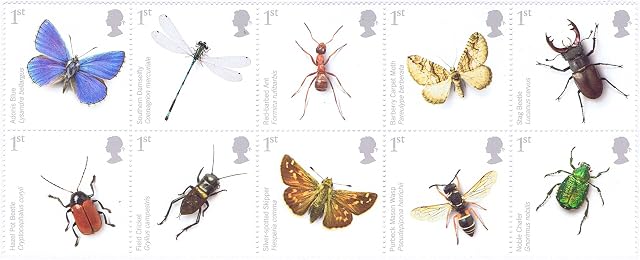 Insect stamps - 10 x 1st Class Royal Mail Mint Stamps for postage. 2008 Insects stamps featuring endangered species, such as Damsefly, Stag Beetle and Adonis Blue Butterfly