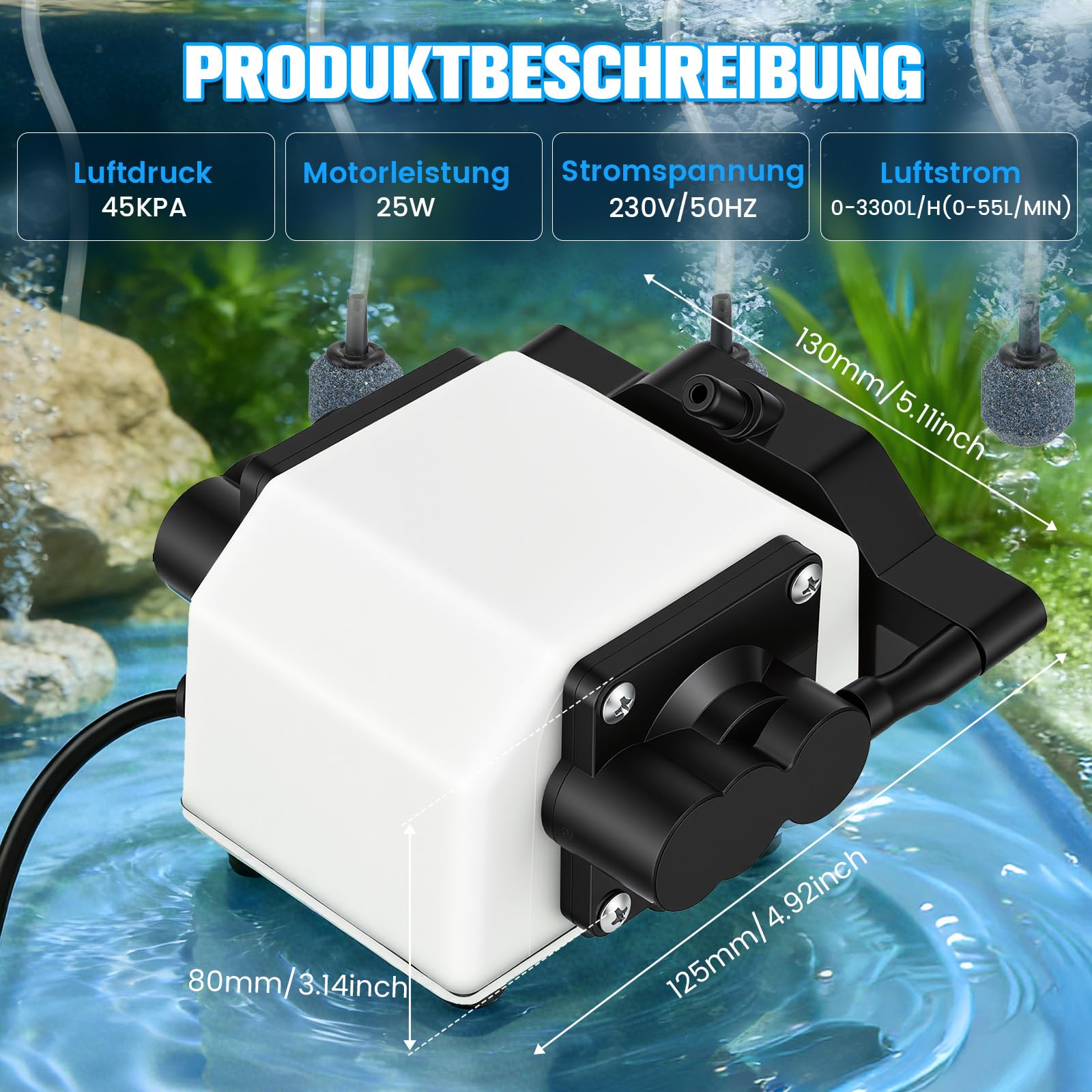 Pompa ad aria per acquario, 25 W, con 6 uscite, 3300 l/h, potenza massima per acquario, pompa ad aria regolabile, estremamente silenziosa, con unità magnetica per grandi acquari, laghetti da