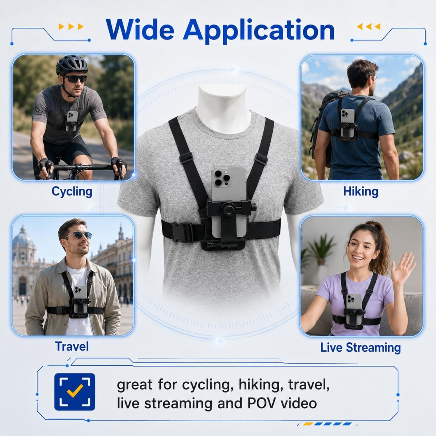 Phone Chest Mount,Chest Mount for Phone,Chest Phone Holder for Video Recording Bike/Kayak/Fishing/Skateboard POV/Vlog for iPhone/Samsung for Gopro Hero 11 10 9 8/Insta360/Dji Action Camera, Black