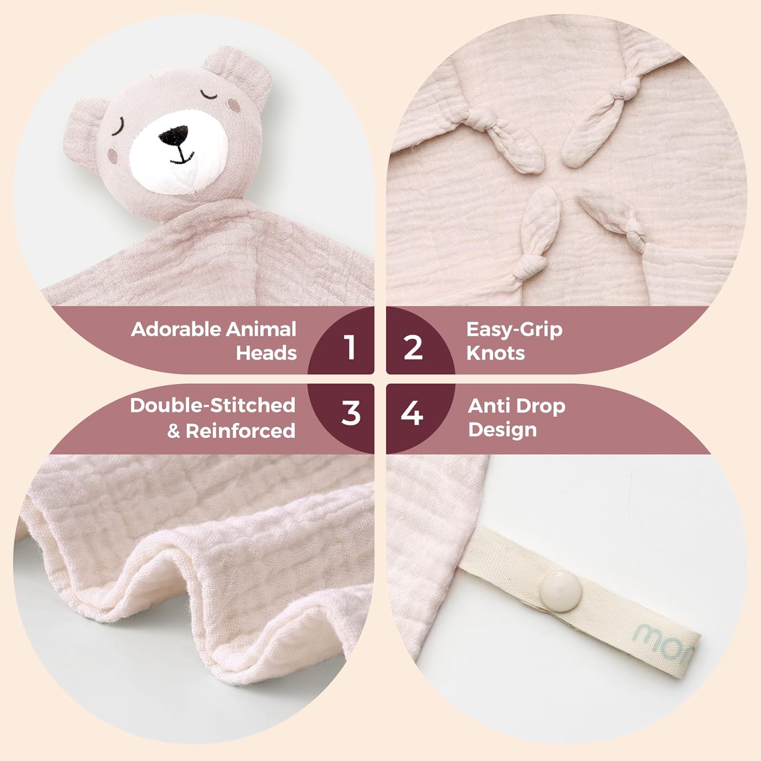Momcozy Bear Loveys for Babies with Cotton – Soft Security Blanket for Boy or Girl for Self-Soothing On-The-Go-Portable & Anti-Drop Design – Newborn Gift，Must Have（Pink Bear 14 inch）