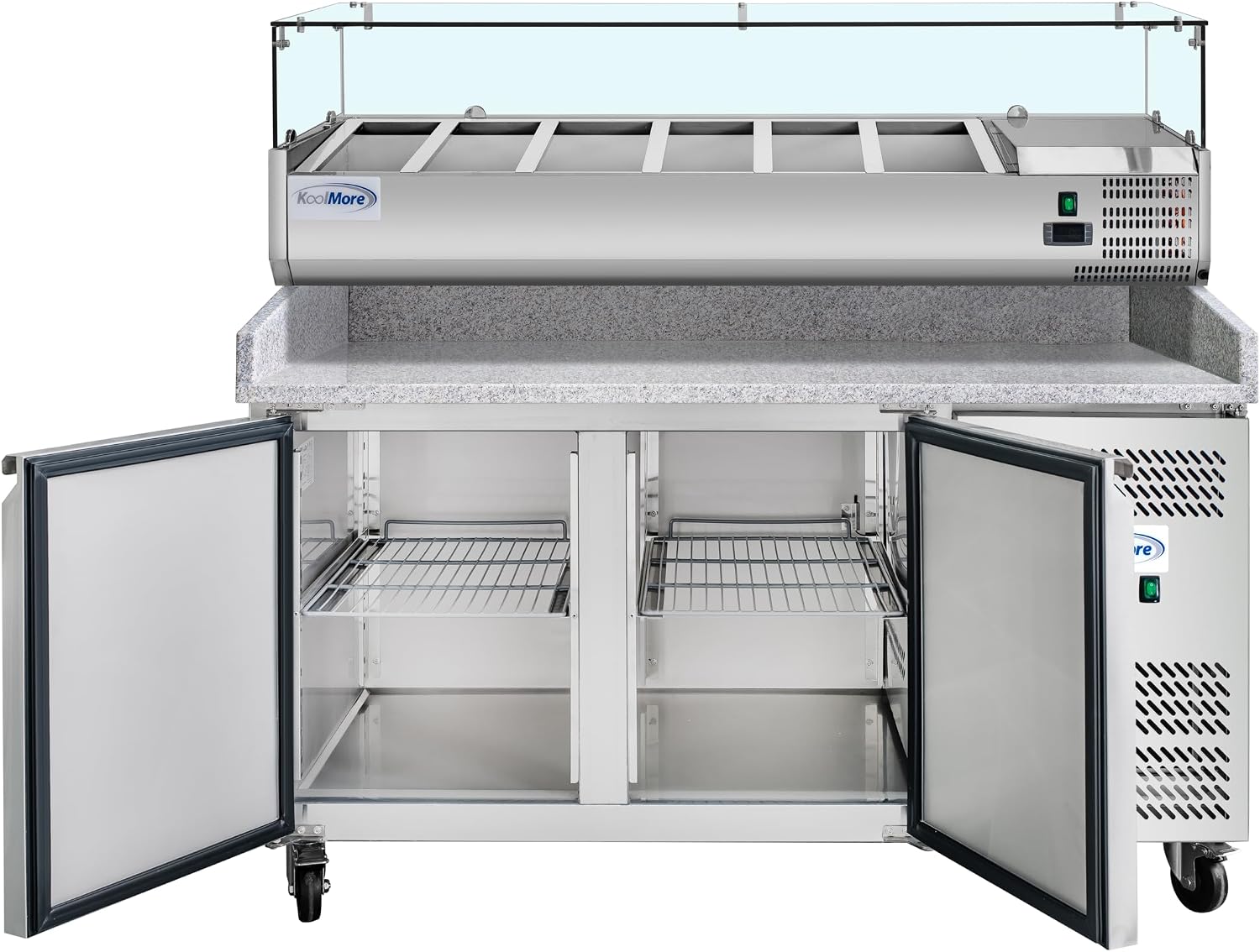 KoolMore 59 in. Two-Door Commercial Granite Top Pizza Prep Refrigerator with Refrigerated Condiment Pan Holder in Stainless-Steel (KM-RPCPS-2D59-GRT)