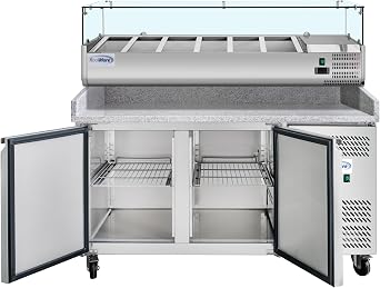 KoolMore 59 in. Two-Door Commercial Granite Top Pizza Prep Refrigerator with Refrigerated Condiment Pan Holder in Stainless-Steel (KM-RPCPS-2D59-GRT)
