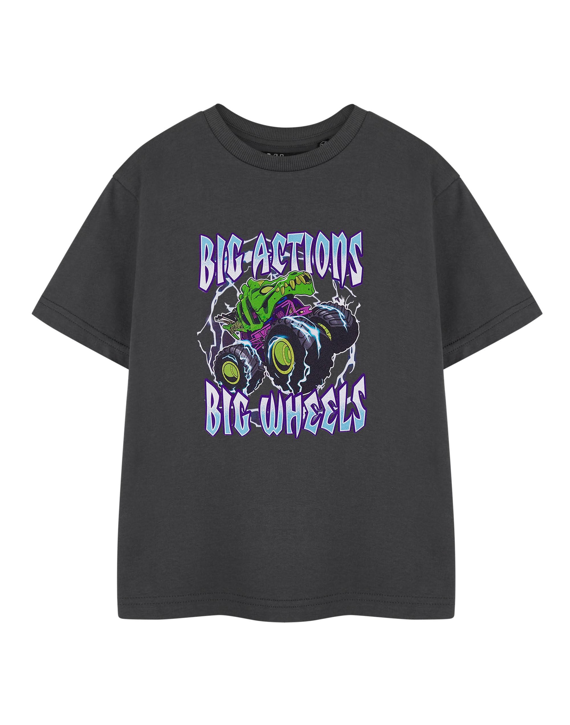 Hot Wheels Boys Charcoal Monster Trucks T-Shirt In | Big Action Graphic Tee For Kids | Children's Short Sleeve Monster Truck Apparel | Cool Racing Top Merchandise Gift