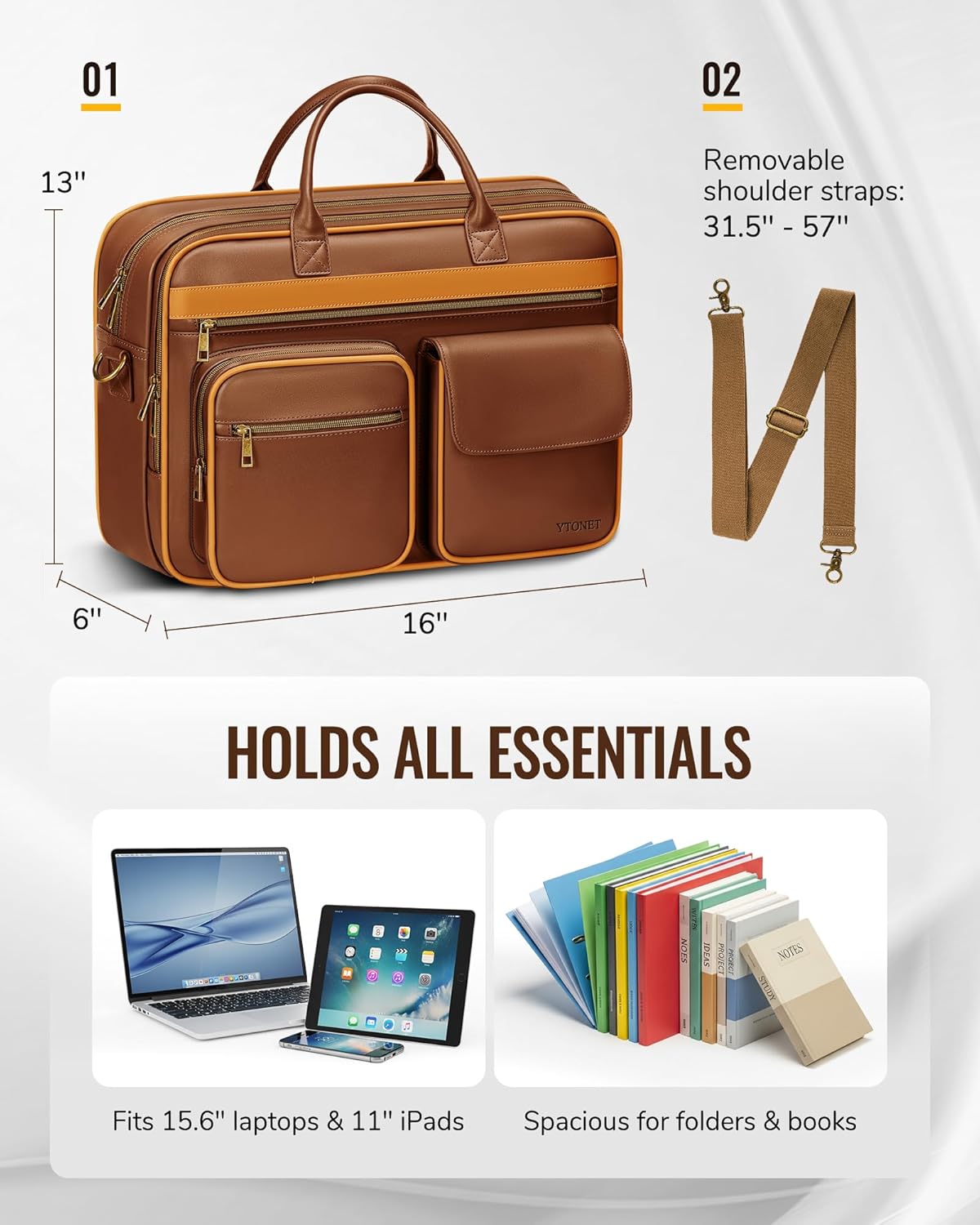 Ytonet PU Leather Messenger Bag for Men, 15.6" Vintage Briefcase with Padded Laptop Compartment, Large Satchel Bags Laptop Bag for Mens, Waterproof Computer Bags for Work Office Business Travel, Brown - Image 6