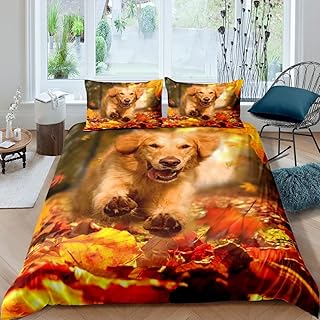 Erosebridal Puppy Dog Comforter Cover Queen Golden Retriever Animal Print Bedding Set Cute Little Dog Duvet Cover for Kids Boys Girls Dog Lovers Bedroom,Fall Maple Leaf Bedspread Cover 2 Pillow Cases