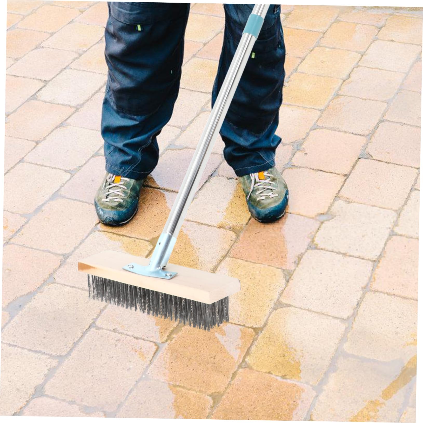 Cepillo para Fregar con Mango Largo de 138cm y Cabezal de 20 Cm | Cerdas de Alambre, Acero Inoxidable, Madera E Hierro, Uso en Terrazas, Suelos, Lechada, Jardín y Garaje