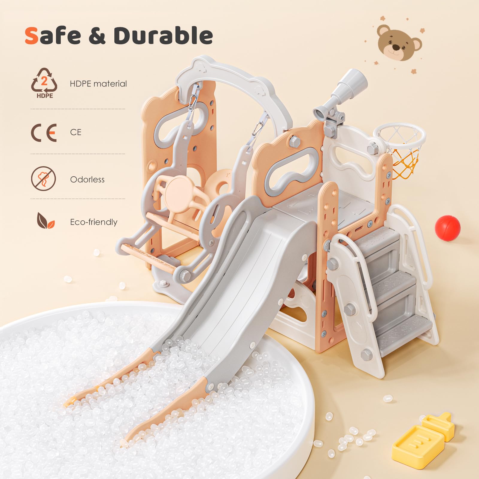 Altalena Scivolo,6 in 1 Scivolo per Bambini e Altalena Set con Canestro da Basket,Struttura da Arrampicata da Giardino,Telescopio, Contenitore,Stabile e Durevole Grande Scivolo