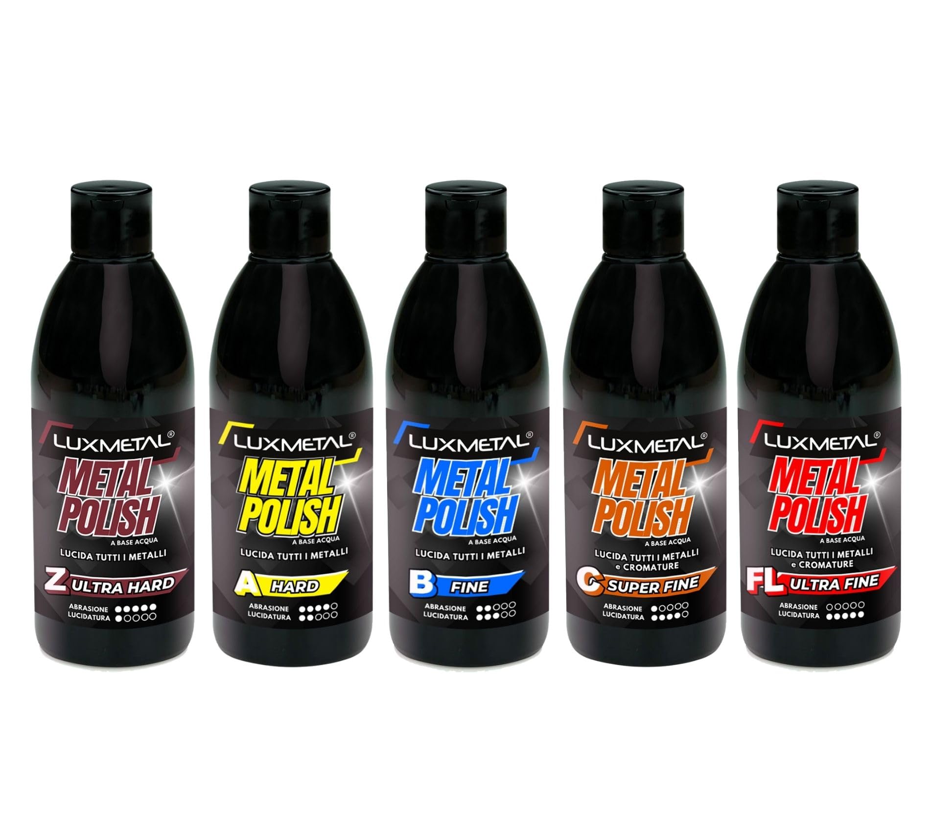 Lux Metal - Kit 5 Metal Polish Lucidante 250 gr FL-A-B-C-Z Ultra Hard/Hard/Fine/S. Fine/Ultra Fine Pasta abrasiva lucida metalli acciaio inox alluminio ottone bronzo rame auto carrozzeria moto barca