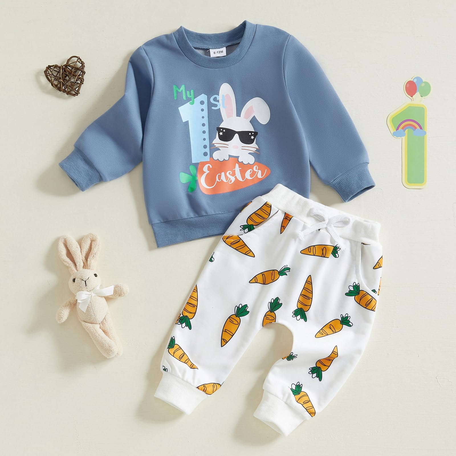 Aopwsrlyi My First Easter Baby Boy Outfit Bunny Letter Carrot Print Long Sleeve Sweatshirt and Pants 2Pcs Clothes Set (Blue, 0-6 Months)