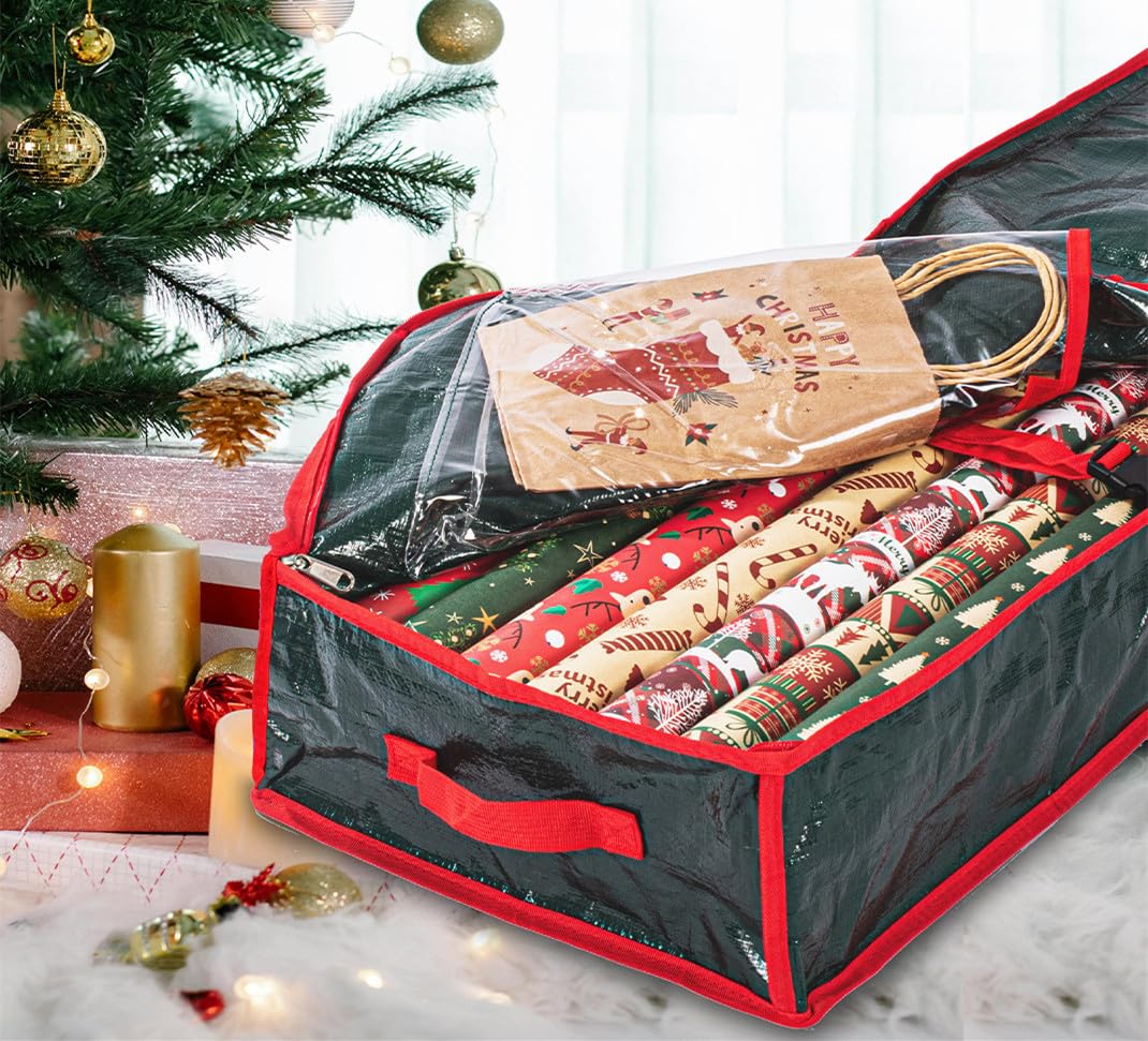 Premium Geschenkpapier-Organizer mit Innentasche -, Weihnachtsdekorations-Organizer, 600D reißfeste Aufbewahrung für Geschenkpapier, Schleifen Bänder Etiketten Zubehör - Grün