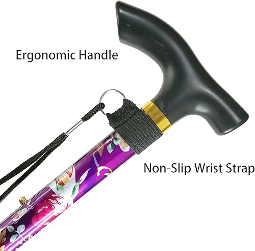 Miniatura 5 de Bastón plegable, altura ajustable de 5 niveles, ligero, portátil, plegable, bastones para caminar con correa para la muñeca y mango en T para