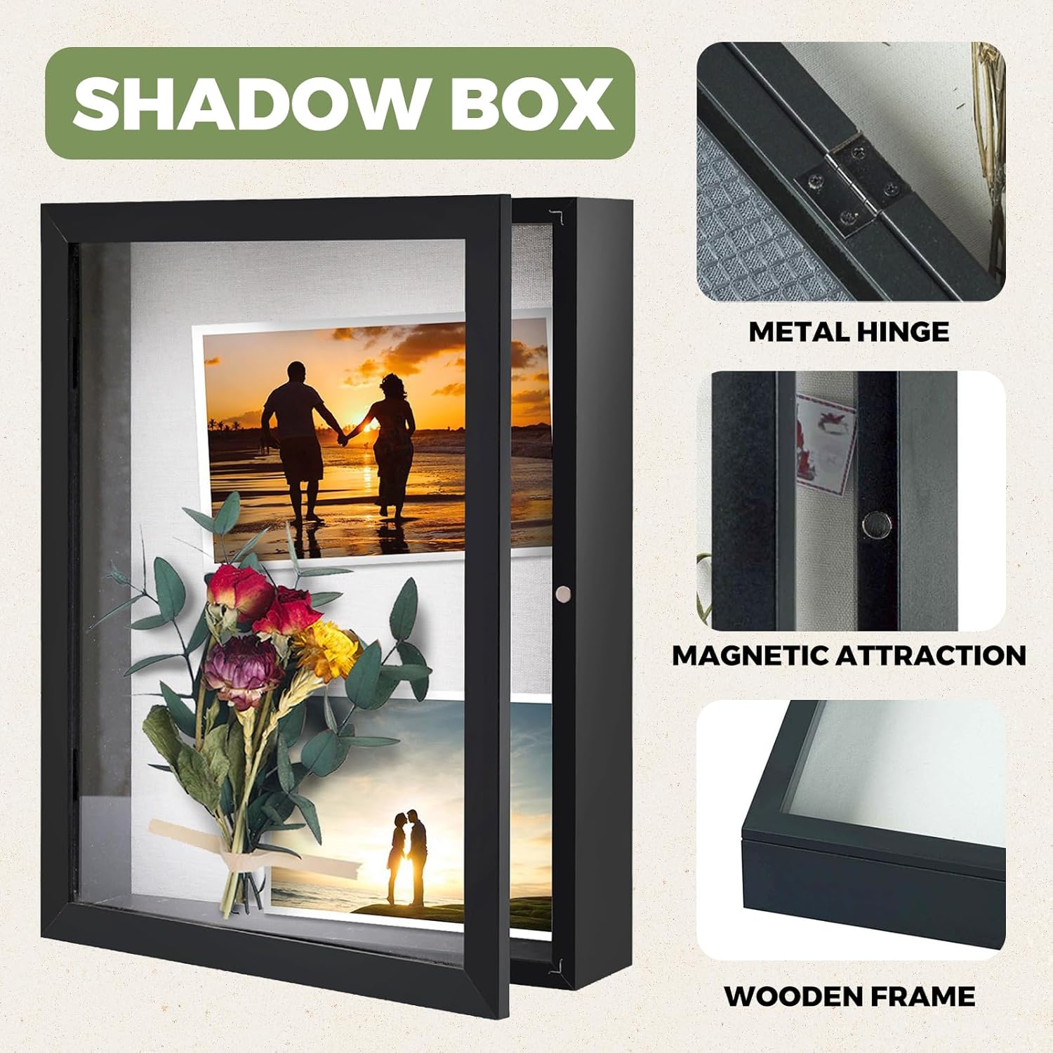 Muzilife 13x16 Shadow Box Picture Frame - 2.16" Interior Deep Wood & Glass Display Case Ready to Hang Memory Box Baby Sports Memorabilia, Pins, Awards, Tickets, and Photos (Black)