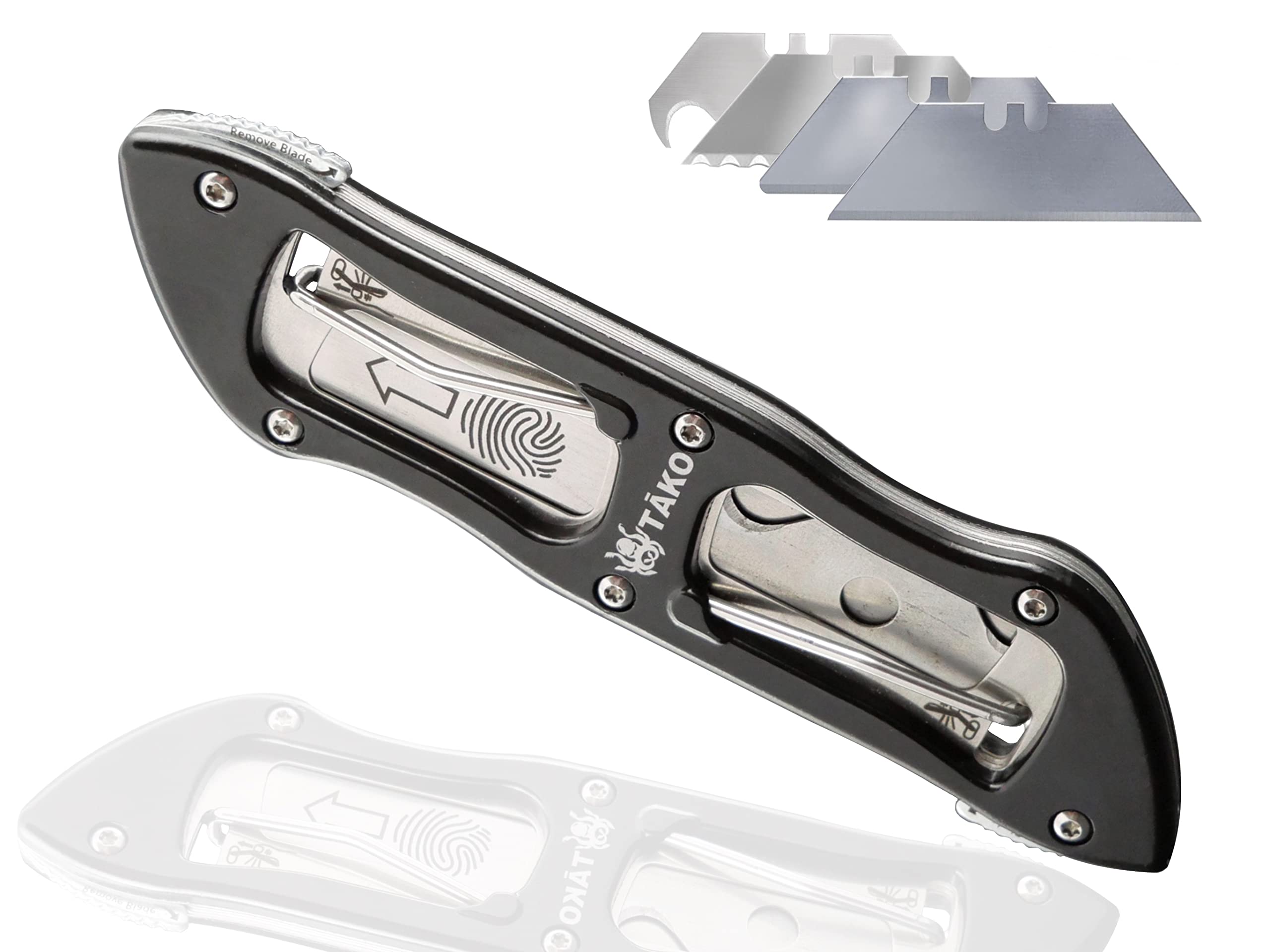 TĀKO X4- Retractable Utility Knife, Instant Access to 3 Extra Blades, Box Cutter, Quick Change, Lightweight, Pocket Knife